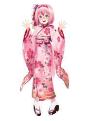 Rule 34 | 1girl, absurdres, blush, floral print, flower, furisode, gdd (vkejr702), hair flower, hair ornament, highres, japanese clothes, kimono, obi, open mouth, pink hair, pink kimono, princess connect!, ringed eyes, sash, simple background, solo, white background, yui (new year) (princess connect!), yui (princess connect!)