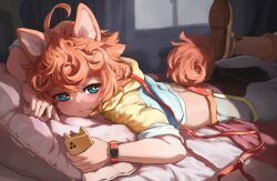 Rule 34 | 1boy, ahoge, animal ears, blue eyes, blush, cellphone, character request, clothing cutout, commission, copyright request, dappled sunlight, dog boy, dog ears, dog tail, fang, highres, holding, holding phone, indoors, leash, leg up, lying, male focus, melaton, messy hair, on bed, on stomach, orange hair, phone, pillow, shoes, skeb commission, smartwatch, solo, star-shaped pupils, star (symbol), sunlight, symbol-shaped pupils, tail, tail through clothes, watch, wristwatch