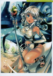 Rule 34 | 1girl, absurdres, bare shoulders, belt, blue eyes, braid, breasts, dark skin, elbow gloves, feet, gloves, grey hair, highres, horns, legs, long hair, looking at viewer, magic, open mouth, sandals, squatting, staff, thighs, toes, wazakita