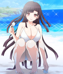 Rule 34 | 1girl, ass, bare shoulders, barefoot, beach, bikini, breasts, brown eyes, cleavage, danganronpa (series), danganronpa 2: goodbye despair, day, dosugon, full body, holding, holding shell, large breasts, looking at viewer, mole, mole under eye, ocean, outdoors, shell, smile, solo, squatting, swimsuit, tsumiki mikan, white bikini