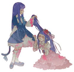 Rule 34 | 00s, 2girls, bad id, bad pixiv id, blood, blue hair, blunt bangs, blush, bow, cat tail, chajka, crying, dress, flower, frederica bernkastel, frills, furudo erika, grabbing another&#039;s hair, hair ornament, kneehighs, light smile, lolita fashion, long hair, mary janes, multiple girls, open mouth, pink bow, ribbon, rose, shoes, simple background, skirt, smile, socks, tail, tears, too many, twintails, umineko no naku koro ni