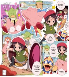 Rule 34 | 1girl, 6+boys, adeleine, bendedede, beret, bird, black footwear, blue sky, boots, bruise, bruise on face, comic, coo (kirby), dragon ball, dragonball z, fighting, green shirt, grey skirt, hamster, hat, highres, holding, holding brush, holding palette, injury, kine (kirby), king dedede, kirby, kirby (series), kirby 64, multiple boys, nintendo, owl, paintbrush, palette (object), parody, pitch (kirby), red headwear, scientist, shirt, skirt, sky, space pod, thigh boots, waddle doo