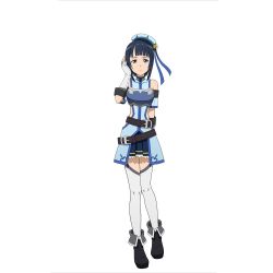 Rule 34 | 10s, 1girl, ankle boots, arm behind back, belt, black eyes, black footwear, black hair, blue hat, blue ribbon, blue skirt, boots, elbow gloves, fingerless gloves, full body, gloves, hair ribbon, hat, looking at viewer, mole, mole under eye, official art, pleated skirt, ribbon, sachi (sao), short hair with long locks, side ponytail, simple background, skirt, solo, standing, sword art online, thighhighs, white background, white gloves, white thighhighs