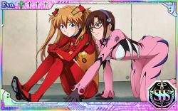 Rule 34 | 00s, 2girls, all fours, ass, blush, bodysuit, evangelion: 2.0 you can (not) advance, glasses, low twintails, makinami mari illustrious, multiple girls, neon genesis evangelion, official art, plugsuit, rebuild of evangelion, skin tight, souryuu asuka langley, test plugsuit, twintails