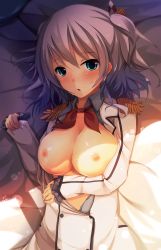 Rule 34 | 10s, :o, bed, bed sheet, black shirt, blue eyes, blush, bow, breasts, collarbone, collared shirt, dress shirt, dust, epaulettes, frilled sleeves, frills, from above, hair bow, head tilt, indoors, kantai collection, kashima (kancolle), large breasts, lens flare, long sleeves, looking at viewer, lying, military, military uniform, nipples, on back, on bed, red ribbon, ribbon, ryuuguu yassuu, shade, shadow, shiny skin, shirt, short hair, short twintails, silver hair, small nipples, solo, sunlight, sweat, sweatdrop, tareme, twintails, uniform, upper body, wavy hair