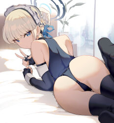 Rule 34 | 1girl, ass, back, bare shoulders, bed, black gloves, black leotard, black thighhighs, blonde hair, blue archive, blue eyes, blue leotard, blue ribbon, braid, breasts, bun cover, elbow gloves, feet, fingerless gloves, french braid, gloves, hair bun, hair ribbon, halo, highleg, highleg leotard, highres, leaning to the side, leotard, looking at viewer, looking back, lying, maid headdress, on bed, on stomach, pillow, ribbon, satou daiji, short hair, single hair bun, small breasts, solo, thighhighs, thighs, toki (blue archive), two-tone leotard, v