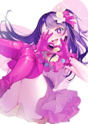 Rule 34 | 1girl, akaike, belt, black belt, blush, boots, commentary request, dress, frilled dress, frilled gloves, frills, gloves, hair ornament, heart, heart hands, highres, hoshino ai (oshi no ko), idol, one eye closed, one side up, open mouth, oshi no ko, pink dress, pink footwear, pink gloves, pink ribbon, purple eyes, purple hair, rabbit hair ornament, ribbon, smile, solo, sparkle, star-shaped pupils, star (symbol), symbol-shaped pupils, teeth, thigh boots, thighhighs, turtleneck, turtleneck dress