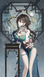 Rule 34 | 1girl, absurdres, animal print, aqua dress, bare shoulders, bird print, blue gloves, branch, breasts, brown hair, chinese clothes, cleavage, clothing cutout, commentary request, dress, earrings, feet out of frame, gloves, green eyes, hair bun, hair intakes, hand fan, highres, holding, holding fan, honkai: star rail, honkai (series), jewelry, long hair, looking at viewer, naglus, necklace, parted lips, pearl necklace, ruan mei (honkai: star rail), shoulder cutout, solo, tuanshan