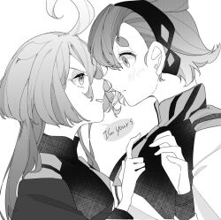 Rule 34 | 2girls, ahoge, ascot, asticassia school uniform, blush, collared jacket, english text, eye contact, face-to-face, from side, greyscale, gundam, gundam suisei no majo, hair behind ear, hair between eyes, hairband, halftone, hand on another&#039;s chest, jacket, long hair, long sleeves, looking at another, miorine rembran, monochrome, multiple girls, parted lips, school uniform, short hair, shoulder boards, sirako, suletta mercury, thick eyebrows, upper body, v-shaped eyebrows, yuri