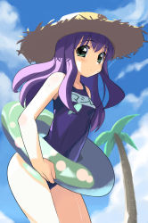 Rule 34 | 00s, cowboy shot, day, hat, holding, holding swim ring, innertube, mashiro blan de windbloom, my-otome, name tag, one-piece swimsuit, outdoors, palm tree, purple hair, school swimsuit, sikorsky, solo, straw hat, swim ring, swimsuit, tree