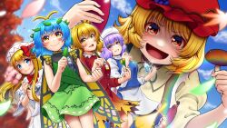 Rule 34 | 5girls, aki minoriko, aki shizuha, antennae, aqua hair, blonde hair, blue eyes, blue skirt, blue vest, blush, butterfly wings, buttons, capelet, closed mouth, collared shirt, day, dress, eternity larva, fairy, fairy wings, food, frilled skirt, frills, fruit hat ornament, grape hat ornament, green dress, hair ornament, hat, hat ornament, highres, holding, holding food, holding leaf, holding paintbrush, insect wings, leaf, leaf hair ornament, leaf on head, letty whiterock, light purple hair, lily white, long hair, long sleeves, mob cap, multicolored clothes, multicolored dress, multiple girls, mushroom, open mouth, outdoors, paintbrush, red eyes, red headwear, red shirt, red skirt, shirt, short hair, short sleeves, siblings, sisters, skirt, smile, sweet potato, tatsu toyoyo, touhou, vest, white capelet, white dress, white headwear, wide sleeves, wings, yellow eyes, yellow shirt