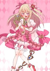 Rule 34 | 1girl, blonde hair, bloomers, blush, chaos marie (grimms notes), cleavage cutout, clothing cutout, dress, flower, frilled dress, frills, gradient hair, grimms notes, hair ribbon, heart, heart-shaped pupils, highres, holding, holding weapon, jewelry, long hair, multicolored hair, open mouth, pendant, pink background, pink eyes, puffy short sleeves, puffy sleeves, red footwear, ribbon, rose, shoes, short sleeves, solo, symbol-shaped pupils, underwear, wand, wataru pic, weapon, white background, wings
