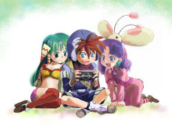 Rule 34 | 1boy, 2girls, blue eyes, creature, earrings, feena (grandia), game arts, goggles, grandia, grandia i, green eyes, green hair, hair ornament, hair tubes, handheld game console, hat, imui, indian style, jewelry, justin (grandia), layered sleeves, long hair, midriff, multiple girls, open mouth, playing games, playstation portable, purple hair, puui (grandia), red hair, shoes, shorts, sitting, smile, socks, striped clothes, striped legwear, striped socks, sue (grandia), thighhighs, video game