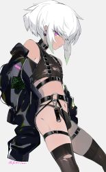 alternate_costume choker crop_top earrings green_hair grey_shirt highres jacket jewelry kaninn leather leather_jacket lio_fotia male_focus pink_eyes promare shirt torn_clothes torn_legwear twitter_username