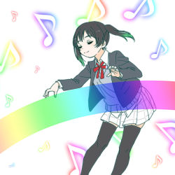 Rule 34 | 1girl, alternate color, black thighhighs, blazer, bow, breasts, brown hair, brown thighhighs, closed eyes, closed mouth, commentary, cropped legs, floating hair, gradient hair, green hair, green outline, grey sweater, hand up, instrument, jacket, leaning forward, love live!, love live! school idol project, miming, multicolored hair, music, musical note, open hands, outline, playing instrument, playing piano, pleated skirt, rainbow, rainbow gradient, rainbow outline, red bow, shinanoya (satanicad), short twintails, skirt, small breasts, smile, solo, standing, sweater, takasaki yu, thighhighs, twintails, two-tone hair, white background, white skirt, zettai ryouiki
