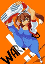Rule 34 | 1girl, arm up, bodysuit, breasts, brown eyes, brown hair, cleavage, covered navel, fingerless gloves, from above, gloves, goggles, goggles on head, grabbing own thigh, highres, jacket, large breasts, leg grab, leg lift, leg up, legs, looking at viewer, makihara arina, open clothes, open jacket, open mouth, rabbit ears, rabbit girl, shoes, smile, sneakers, solo, thick thighs, thighs, waku waku 7