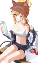 Rule 34 | 1girl, absurdres, bare shoulders, bench, black shorts, blonde hair, blue archive, blue eyes, blue jacket, blush, bottle, breasts, cleavage, coca-cola, collarbone, cooler, feet out of frame, flower, gr greeze, gym shorts, hair flower, hair ornament, halo, headband, highres, holding water, jacket, light, long sleeves, looking down, mari (blue archive), mari (track) (blue archive), medium breasts, navel, off shoulder, on bench, open clothes, open jacket, open mouth, shade, short shorts, shorts, sidelocks, simple background, sitting, solo, sports bra, underwear, water bottle, white background, white flower, white headband, white sports bra