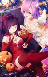 Rule 34 | 2girls, :d, ;), bare shoulders, black hair, blue eyes, breasts, bridal gauntlets, candy, cleavage, closed mouth, commentary, dress, fake horns, feet out of frame, food, full moon, hair between eyes, hairband, halloween, halloween bucket, highres, horns, jack-o&#039;-lantern, knee up, leg up, medium breasts, mini wings, moon, multiple girls, nail polish, off shoulder, one eye closed, one side up, open mouth, original, outstretched arm, purple eyes, purple hair, red dress, red hairband, red nails, red thighhighs, rimuu, smile, sparkle, symbol-only commentary, thighhighs, twitter username, watermark, web address, white dress, white wings, wings