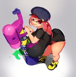 Rule 34 | 1girl, absurdres, ass, bent over, breasts, domino mask, gigantic breasts, hanging breasts, hat, highres, inkling player character, leaning forward, long hair, mask, naze, nintendo, paint, pointy ears, sagging breasts, shirt, shoes, short shorts, shorts, smile, sneakers, solo, splatoon (series), super soaker, tentacle hair