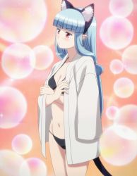 Rule 34 | 1girl, absurdres, animal ears, bikini, blue hair, blush, breasts, cat ears, cat tail, frown, highres, hime cut, holding, holding clothes, kiriha (tsugumomo), legs, long hair, looking away, navel, pointy ears, red eyes, screencap, solo, stitched, swimsuit, tail, thighs, third-party edit, tsugumomo