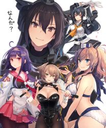 Rule 34 | absurdres, adapted costume, ahoge, animal ears, belt, belt buckle, bikini, black belt, black gloves, black hair, black jacket, black legwear, black leotard, black sailor collar, black skirt, blue eyes, blush, bracelet, breasts, brown eyes, brown hair, buckle, buttons, cleavage, closed mouth, collarbone, commentary, commentary request, cowboy shot, detached collar, elbow gloves, fake animal ears, fingerless gloves, full body, gloves, green eyes, grey background, hair between eyes, hair flaps, hand on own hip, head tilt, headgear, heart, highres, holding, holding riding crop, holding whip, jacket, japanese clothes, jewelry, kantai collection, kasumi (skchkko), kikumon, large breasts, leotard, long hair, long sleeves, looking at viewer, low twintails, midriff, mutsu (kancolle), nagato (kancolle), nagato kai ni (kancolle), neckerchief, open mouth, orange neckerchief, pantyhose, petals, pink skirt, playboy bunny, pleated skirt, ponytail, purple hair, rabbit ears, red eyes, riding crop, rudder footwear, ryuuhou (kancolle), ryuuhou kai ni (kancolle), sailor collar, saratoga (kancolle), shiny clothes, short hair, side ponytail, simple background, single thighhigh, skirt, smile, swimsuit, taigei (kancolle), thighhighs, translated, twintails, upper body, very long hair, whip, white background, white bikini, white gloves, wide sleeves, wrist cuffs, yahagi (kancolle), yahagi kai ni (kancolle)