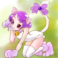 Rule 34 | 1girl, :3, all fours, animal ears, animal hands, bow, cat ears, cat tail, dokidoki! precure, fang, full body, green background, kasuga rurito, kemonomimi mode, kenzaki makoto, leotard, paw pose, precure, purple eyes, purple hair, short hair, smile, solo, tail, tail bow, tail ornament, thighhighs, white thighhighs