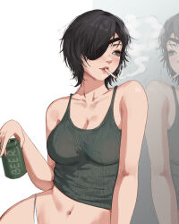 Rule 34 | 1girl, beer can, black hair, blue eyes, breasts, camisole, can, chainsaw man, cigarette, drink can, eyepatch, grey camisole, himeno (chainsaw man), holding, holding can, looking at mirror, looking to the side, medium breasts, midriff, mirror, prodviks, reflection, short hair, smoke, smoking, solo