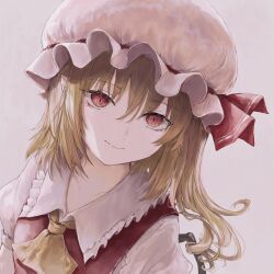 Rule 34 | 1girl, ascot, blonde hair, breasts, closed mouth, collared shirt, commentary, flandre scarlet, frilled shirt collar, frills, grey background, hair between eyes, happiness lilys, hat, hat ribbon, highres, light smile, long hair, looking at viewer, mob cap, one side up, puffy short sleeves, puffy sleeves, red eyes, red ribbon, red vest, ribbon, shirt, short sleeves, simple background, small breasts, smile, solo, split mouth, touhou, upper body, vest, white hat, white shirt, wings, yellow ascot