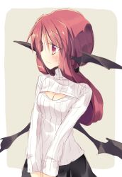 Rule 34 | 1girl, alternate costume, bat wings, blush, breasts, cleavage, cleavage cutout, clothing cutout, head wings, koakuma, long hair, meme attire, open-chest sweater, outside border, red eyes, red hair, ribbed sweater, satou kibi, simple background, small breasts, solo, sweater, touhou, turtleneck, v arms, wings