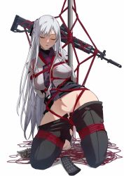 Rule 34 | 1girl, ak-12, ak-12 (girls&#039; frontline), assault rifle, bdsm, black pants, bondage, bound, braid, breasts, closed eyes, closed mouth, clothes pull, commentary request, girls&#039; frontline, gun, highres, kalashnikov rifle, large breasts, long hair, long sleeves, navel, panties, pants, pants pull, pole, rifle, rope, shibari, shinoda giri, silver hair, simple background, solo, underwear, weapon, white background