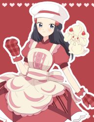 Rule 34 | 1girl, alcremie, apron, black hair, blush, buttons, chef hat, closed mouth, commentary request, creatures (company), dawn (palentine&#039;s 2021) (pokemon), dawn (pokemon), dress, eyelashes, game freak, gen 8 pokemon, grey eyes, hair ornament, hairclip, hand up, hat, heart, highres, long hair, mittens, nintendo, official alternate costume, ohn pkmn, outline, pokemon, pokemon (creature), pokemon masters ex, red background, red dress, red mittens, short sleeves, sidelocks, smile, white headwear