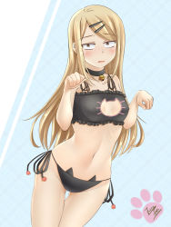 Rule 34 | 10s, 1girl, artist name, bare shoulders, bell, black bra, black neckwear, black panties, blush, bra, breasts, brown hair, cat cutout, cat ear panties, cat lingerie, choker, cleavage cutout, clothing cutout, collar, collarbone, covered erect nipples, cowboy shot, dagashi kashi, ear piercing, endou saya, fang, frilled bra, frills, gluteal fold, groin, hair ornament, hairclip, hands up, jingle bell, kuro neko 7, lingerie, long hair, looking at viewer, meme attire, navel, neck bell, open mouth, panties, paw pose, paw print, piercing, sanpaku, side-tie panties, small breasts, solo, stomach, thighhighs, underwear, underwear only