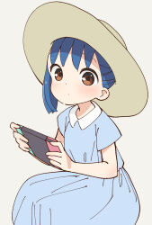Rule 34 | 1girl, aoyama kotoha (mitsuboshi colors), blue dress, blue hair, brown eyes, brown hat, collared dress, commentary request, dot mouth, dot nose, dress, grey background, handheld game console, hat, highres, holding, holding handheld game console, katsuwo (cr66g), light blush, looking at viewer, medium hair, mitsuboshi colors, nintendo switch, short sleeves, simple background, sitting, solo, sun hat