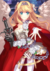 Rule 34 | 1girl, armor, armored dress, blonde hair, blue background, bridal gauntlets, cape, carnation, chain, cowboy shot, dress, flower, gauntlets, gloves, green eyes, hairband, half updo, inanna123, lace, lace-trimmed legwear, lace trim, long hair, original, outstretched hand, rose, skirt, smile, solo, strapless, strapless dress, sword, thighhighs, weapon, white flower, white rose, white thighhighs, wings