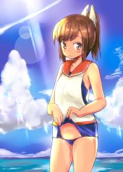 Rule 34 | 10s, 1girl, bad id, bad pixiv id, bare shoulders, blue sky, blush, brown eyes, brown hair, clothes lift, cloud, collarbone, cowboy shot, day, hair ornament, i-401 (kancolle), kantai collection, lens flare, partially submerged, ponytail, school swimsuit, school swimsuit flap, school uniform, serafuku, short ponytail, sky, sleeveless, smile, solo, standing, swimsuit, swimsuit lift, swimsuit under clothes, tan, water, yuib3 (yuibitch)