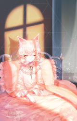 Rule 34 | 1girl, animal ears, artist name, bad id, bad pixiv id, bed, cat ears, commentary, dress, hair between eyes, highres, indoors, long sleeves, one eye closed, original, pillow, pink dress, shadow, sheya, short hair, signature, silver hair, solo, symbol-only commentary, wide sleeves, yellow eyes