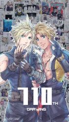 Rule 34 | 2boys, aqua eyes, armor, bandaged fingers, bandages, belt, black overalls, black shorts, blonde hair, blue eyes, blue pants, blue shirt, brown belt, chain, chain necklace, cloud strife, collage background, cowboy shot, final fantasy, final fantasy vii, final fantasy x, fingerless gloves, gloves, hair between eyes, highres, hood, hood down, hoodie, jewelry, looking at viewer, male focus, multiple boys, necklace, ok sign, overalls, pants, parted bangs, shirt, short hair, shorts, shoulder armor, single bare shoulder, sleeveless, sleeveless turtleneck, spiked hair, suspenders, tan, tidus, toned, toned male, turtleneck, twitter username, warori anne, yellow hoodie