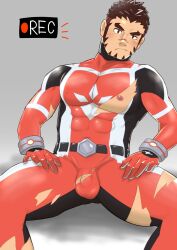 Rule 34 | 1boy, akashi (live a hero), bara, bodysuit, covered abs, covered erect nipples, covered penis, dotsu (wtnbkwiyd), facial hair, feet out of frame, goatee, highres, large pectorals, leaning to the side, live a hero, long sideburns, male focus, muscular, muscular male, nipples, pectorals, penis, penis peek, recording, red eyes, red hair, scar, scar on face, scar on nose, short hair, sideburns, sitting, solo, superhero costume, thick eyebrows, torn bodysuit, torn clothes, v-shaped eyebrows