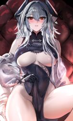 Rule 34 | 1girl, absurdres, azur lane, black dress, black gloves, blush, breasts, clenched teeth, dress, gloves, highres, kaki z3, kursk (azur lane), kursk (beauty and the hunter) (azur lane), large breasts, long hair, looking at viewer, official alternate costume, red eyes, simple background, solo, teeth, thighs, underboob, white hair