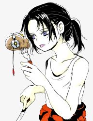 Rule 34 | 1girl, bad id, bad pixiv id, black hair, breasts, chell, food, glados, jumpsuit, knife, long hair, ponytail, portal, portal (series), portal 1, portal 2, potato, small breasts, solo, tank top