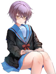 Rule 34 | 1girl, black cardigan, blue sailor collar, blue skirt, book, bow, brown eyes, cardigan, commentary request, highres, holding, holding book, kita high school uniform, long sleeves, nagato yuki, parted lips, purple hair, reading, red bow, red ribbon, ribbon, sailor collar, school uniform, serafuku, short hair, simple background, sitting, skirt, solo, suzumiya haruhi no yuuutsu, white background, zundakun0123
