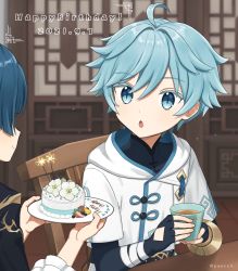 Rule 34 | 2boys, :o, bandaged hand, bandages, black gloves, blue eyes, blue hair, cake, chair, chinese clothes, chongyun (genshin impact), cup, fingerless gloves, fireworks, food, genshin impact, gloves, hair between eyes, happy birthday, highres, holding, holding cup, holding plate, hood, male focus, multiple boys, open mouth, panri, plate, shirt, short hair, sitting, table, twitter username, white shirt, xingqiu (genshin impact)