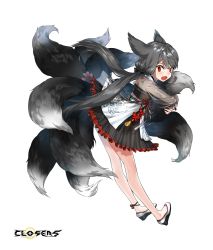 Rule 34 | 1girl, :o, animal ears, bare legs, black dress, black hair, closers, dress, fox ears, fox tail, frilled dress, frills, full body, highres, hugging own tail, hugging tail, kyuubi, leaning forward, long hair, long sleeves, looking at viewer, low twintails, multiple tails, official art, open mouth, red eyes, see-through, see-through sleeves, seth (closers), shoes, solo, tail, twintails, very long hair, white footwear