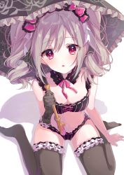 Rule 34 | 1girl, :o, arm at side, arm support, arm up, bad id, bad twitter id, bell, black bra, black collar, black panties, black thighhighs, black umbrella, blush, bow, bra, breasts, cleavage, collar, commentary request, detached collar, drill hair, elbow gloves, floral print, frilled thighhighs, frilled umbrella, frills, gloves, hair bell, hair between eyes, hair ornament, hanai yuyu, head tilt, highres, holding, holding instrument, idolmaster, idolmaster cinderella girls, instrument, kanzaki ranko, knees out of frame, light brown hair, looking at viewer, medium breasts, panties, pink bow, pink eyes, pink ribbon, ribbon, ribbon-trimmed bra, ribbon-trimmed collar, ribbon-trimmed legwear, ribbon-trimmed panties, ribbon trim, short hair, simple background, single glove, sitting, solo, swept bangs, thighhighs, umbrella, underwear, underwear only, wariza, white background, white frills
