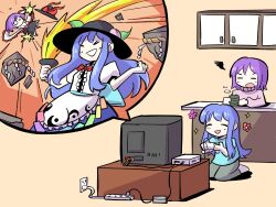 Rule 34 | &gt; &lt;, 2girls, black headwear, black skirt, blue hair, blue shirt, bow, bowtie, closed eyes, commentary, controller, english commentary, game controller, hat, hat bow, highres, hinanawi tenshi, holding, holding controller, holding game controller, holding sword, holding weapon, keystone, leaf, long hair, multiple girls, nagae iku, o o, oysterfried, peach hat ornament, pink sweater, red bow, red bowtie, rope, seiza, shimenawa, shirt, short sleeves, sitting, skirt, squiggle, star (symbol), sweater, sword, sword of hisou, television, touhou, weapon, white shirt