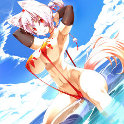 Rule 34 | 1girl, animal ears, armpits, arms up, bikini, blush, breasts, cloud, covered erect nipples, day, duplicate, dutch angle, female focus, hair ribbon, inubashiri momiji, karochii, large breasts, looking at viewer, md5 mismatch, navel, outdoors, ponytail, red eyes, ribbon, short hair, silver hair, sitting, smile, solo, string bikini, swimsuit, tail, touhou, water, wet, wolf ears, wolf tail