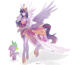 Rule 34 | 1girl, bare shoulders, centaur, colored skin, dress, horns, jewelry, kazeco, lots of jewelry, multicolored hair, my little pony, my little pony: friendship is magic, necklace, purple skin, signature, single horn, spike (my little pony), streaked hair, tail, taur, tiara, twilight sparkle, two-tone hair, white background, wings