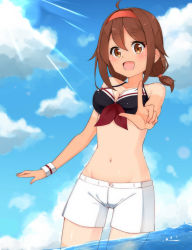 Rule 34 | 10s, 1girl, :d, bad id, bad pixiv id, bikini, bikini top only, blue sky, brown eyes, brown hair, cloud, cowboy shot, day, groin, hairband, highres, index finger raised, kantai collection, looking at viewer, navel, open mouth, outdoors, outstretched arm, red hairband, reina (leinqchqn), shiratsuyu (kancolle), shorts, sky, smile, solo, sunlight, swimsuit, wading