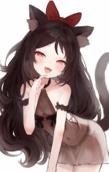 Rule 34 | 1girl, :d, absurdres, animal ear fluff, animal ears, bow, breasts, brown hair, cat ears, cat girl, cat tail, dress, hair bow, halter dress, halterneck, highres, leaning forward, long hair, looking at viewer, open mouth, original, red eyes, see-through, see-through dress, short dress, sleeveless, sleeveless dress, small breasts, smile, tail, tongue, tongue out, wangyq, white background