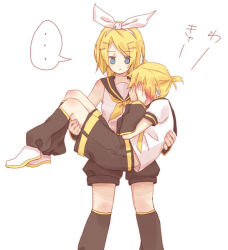 Rule 34 | ..., 1boy, 1girl, black sailor collar, black shorts, black sleeves, blonde hair, blue eyes, blush, bow, carrying, commentary, covering face, detached sleeves, embarrassed, expectations/reality, fumiharu, hair bow, hair ornament, hairclip, hands on own face, headphones, kagamine len, kagamine rin, leg warmers, looking at another, neckerchief, necktie, princess carry, sailor collar, school uniform, shirt, short hair, short ponytail, short shorts, shorts, sleeveless, sleeveless shirt, speech bubble, spoken ellipsis, standing, swept bangs, translated, vocaloid, white background, white bow, white shirt, yellow neckerchief, yellow necktie
